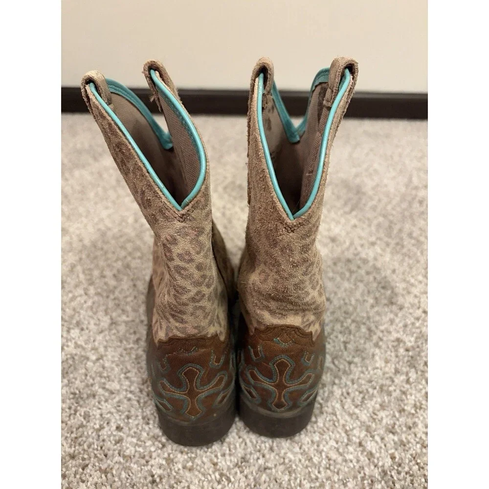 Ariat Kids Western Leopard Print Leather Boots Brown/Turquoise US 2 M